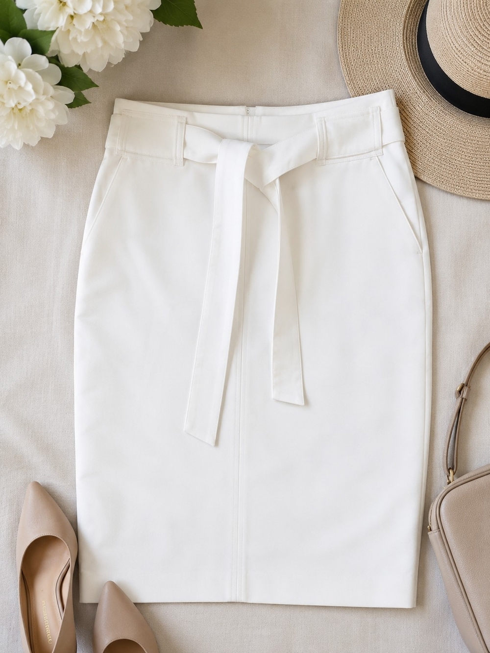 Banana Republic White Belted Pencil Skirt Size 6 NWOT